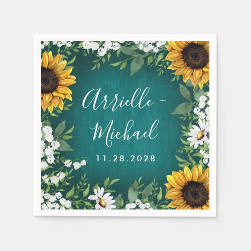 Teal Sunflower Country Rustic Wedding Napkins