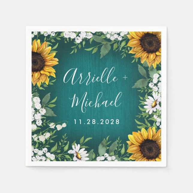Teal Sunflower Country Rustic Wedding Napkins (Front)