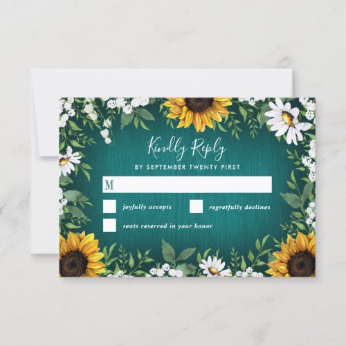 Teal Sunflower Country Rustic Wedding RSVP Cards