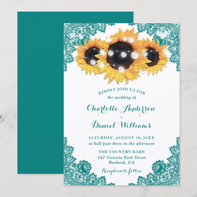Teal Sunflower Floral Lace Wedding Invitation (Front/Back)