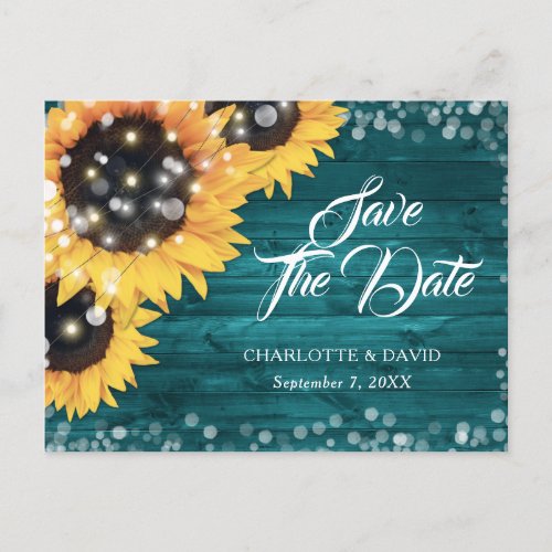Teal Sunflower Greenery Wedding Save The Date Announcement Postcard