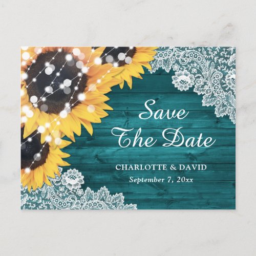 Teal Sunflower Greenery Wedding Save The Date Announcement Postcard