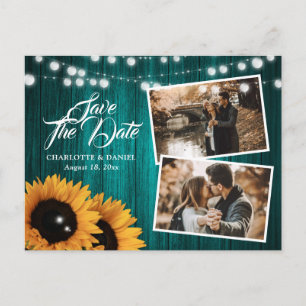 Teal Sunflower Photo Wedding Save The Date Announcement Postcard