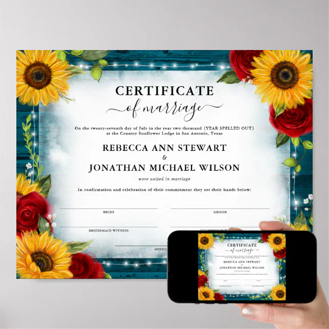 Teal Sunflower Rose Wedding Marriage Certificate Poster Zazzle