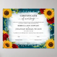 Teal Sunflower Rose Wedding Marriage Certificate Poster at Zazzle