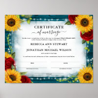 Teal Sunflower Rose Wedding Marriage Certificate