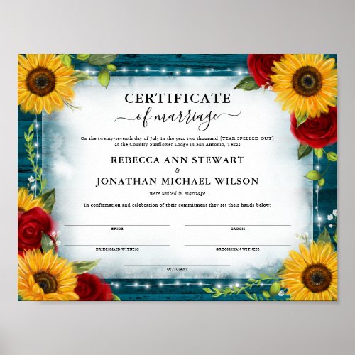 Teal Sunflower Rose Wedding Marriage Certificate Poster
