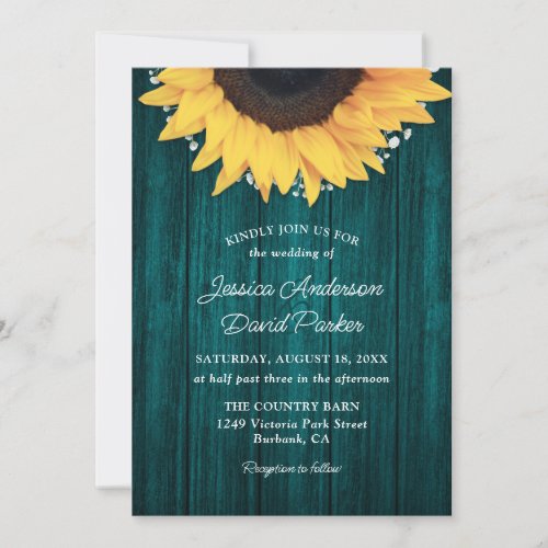 Teal Sunflower Rustic Barn Wood Wedding Invitation