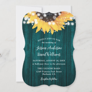 Teal Sunflower Rustic Barn Wood Wedding Invitation