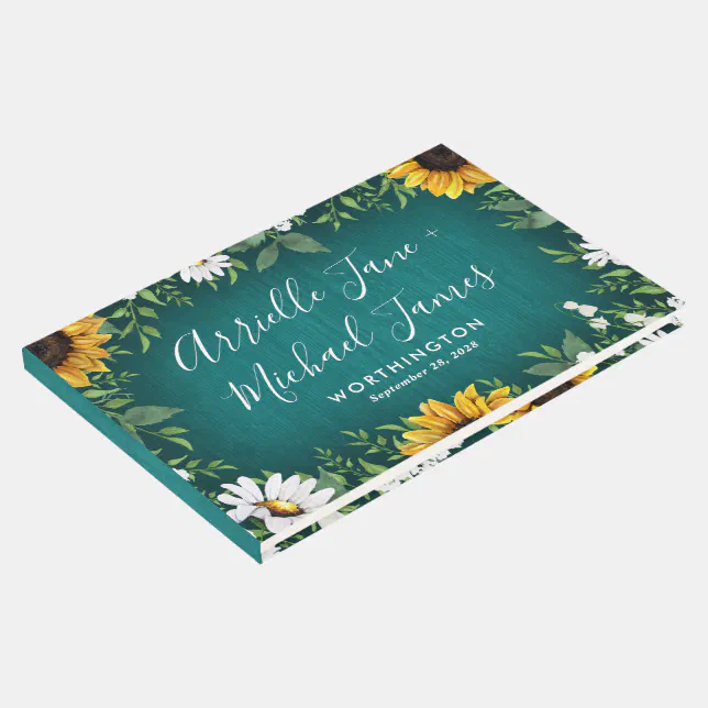 Teal Sunflower Rustic Country Wedding Guest Book Zazzle