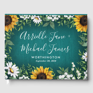 Teal Sunflower Rustic Country Wedding Guest Book