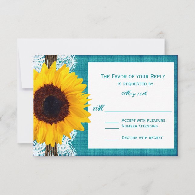 Teal Sunflower Rustic Country Wedding RSVP Cards (Front)