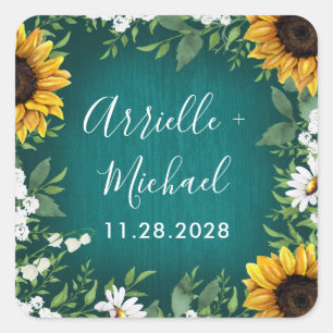 Teal Sunflower Rustic Wedding Favors Stickers