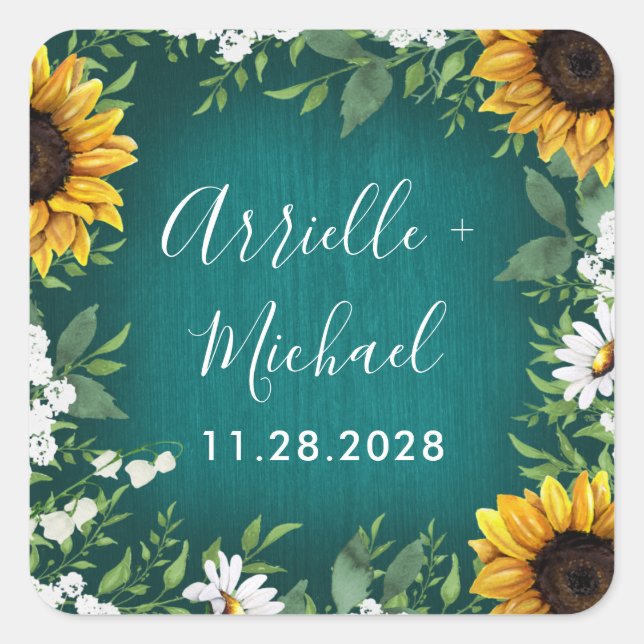 Teal Sunflower Rustic Wedding Favors Stickers (Front)