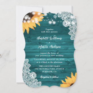 Teal Sunflower Rustic Wood Floral Lace Wedding Invitation