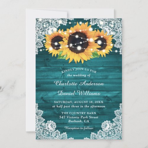 Teal Sunflower Rustic Wood Lace Wedding Invitation