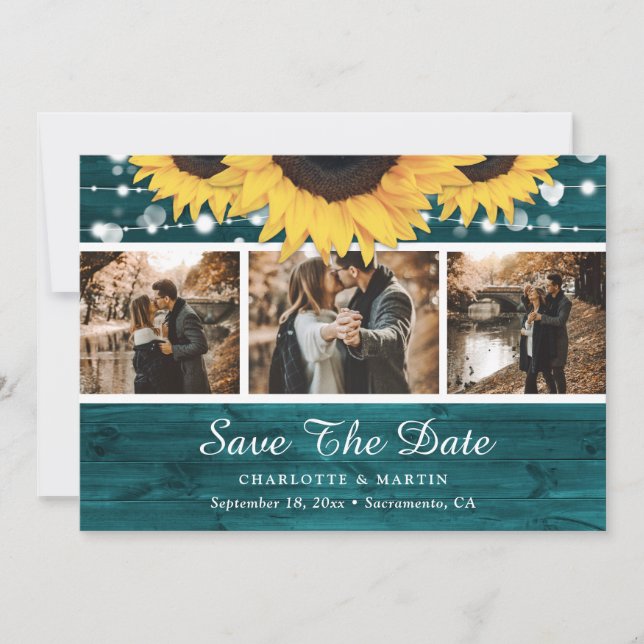 Teal Sunflower Rustic Wood Wedding 3 Photo Save The Date (Front)