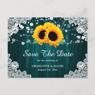 Teal Sunflower Rustic Wood Wedding Save The Date