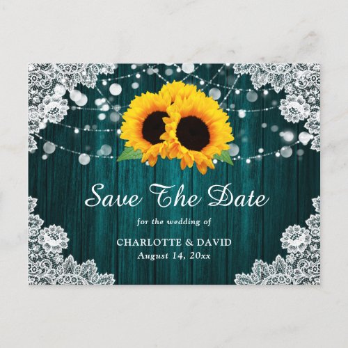 Teal Sunflower Rustic Wood Wedding Save The Date Announcement Postcard