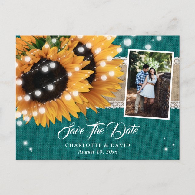 Teal Sunflower Save The Date Photo Postcards (Front)