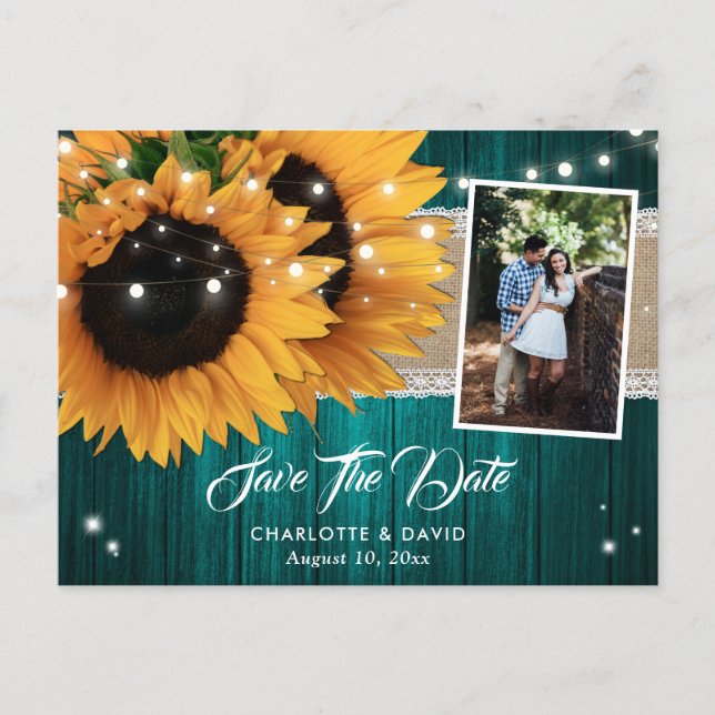 Teal Sunflower Save The Date Photo Postcards (Front)
