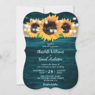 Teal Sunflower String Lights Burlap Wood Wedding Invitation