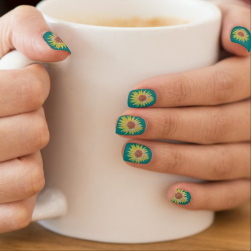 Teal Sunflower Watercolor Flower Nail Art