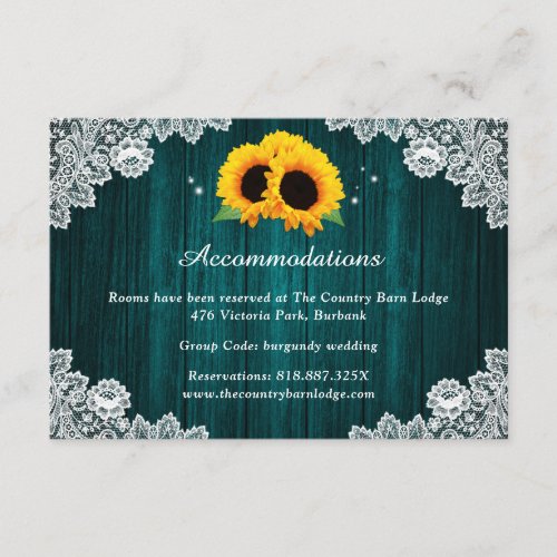 Teal Sunflower Wedding Hotel Accommodation Enclosure Card