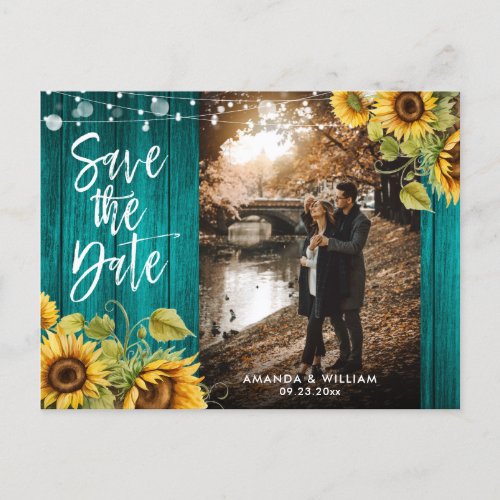 Teal Sunflower Wedding Photo Save The Date Announcement Postcard
