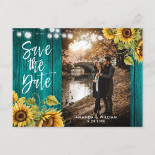 Teal Sunflower Wedding Photo Save The Date Announcement Postcard