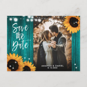 Teal Sunflower Wedding Photo Save The Date Announcement Postcard