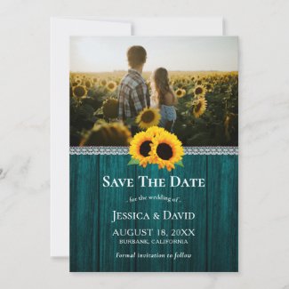 Teal Sunflower Wedding Photo Save The Date Cards