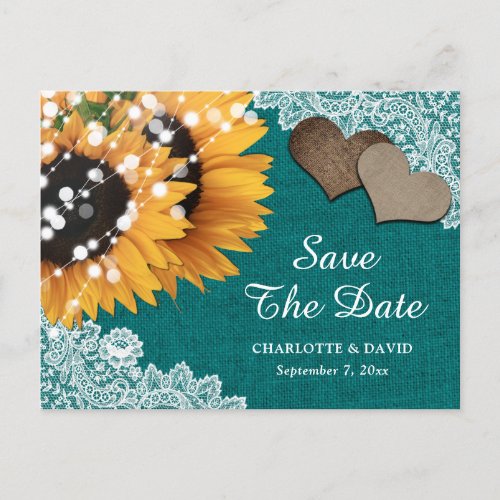 Teal Sunflower Wedding Save The Date Postcard