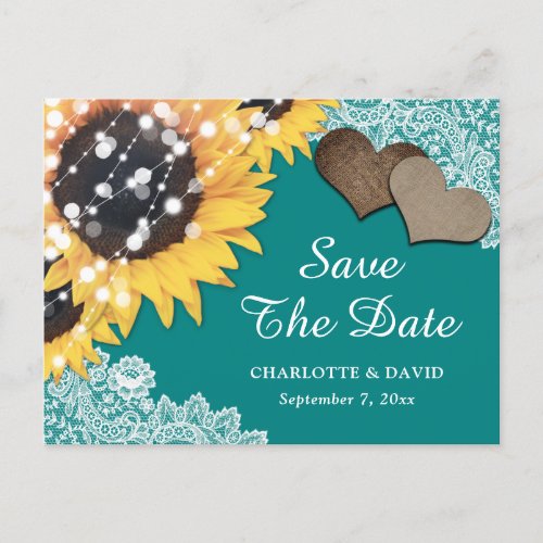 Teal Sunflower Wedding Save The Date Postcard