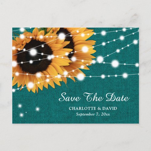 Teal Sunflower Wedding Save The Date Postcard