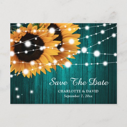 Teal Sunflower Wedding Save The Date Postcard