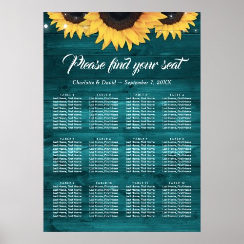 Teal Sunflower Wedding Seating Chart 12