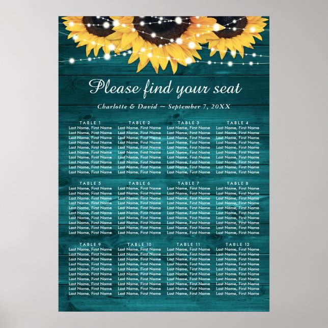 Teal Sunflower Wedding Seating Chart 12 (Front)