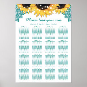Teal Sunflower Wedding Seating Plan 16 Poster