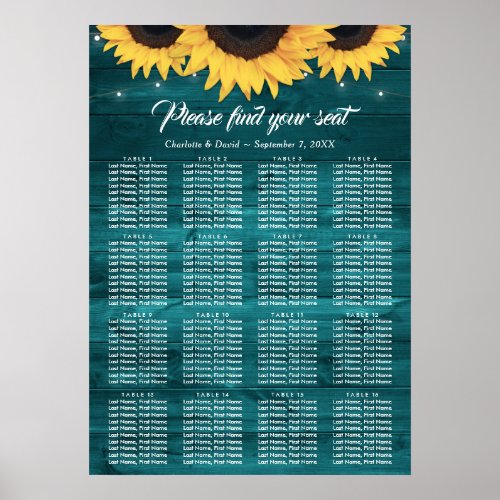Teal Sunflower Wedding Table Plan 16 Poster