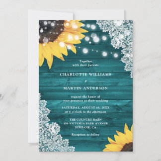 Teal Sunflower Wood Floral Lace Wedding Invitation