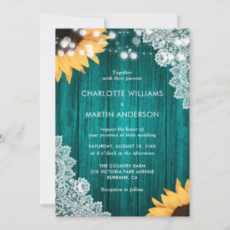 Teal Sunflower Wood Floral Lace Wedding Invitation