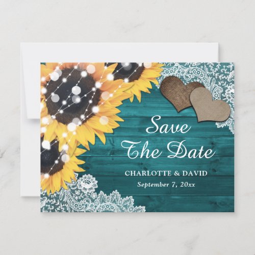 Teal Sunflower Wood Lace Burlap Hearts Wedding Announcement