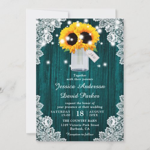 Teal Sunflower Wood Lace Mason Jar Wedding Invitation