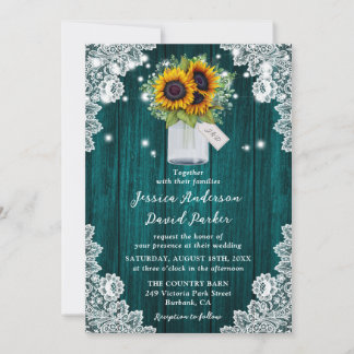 Teal Sunflower Wood Lace Mason Jar Wedding Invitation