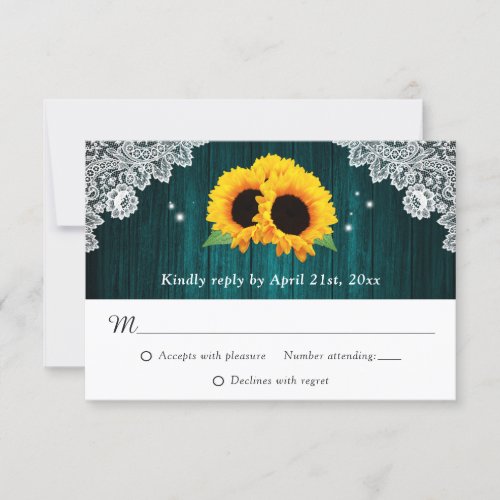 Teal Sunflower Wood Lace Rustic Wedding RSVP Card
