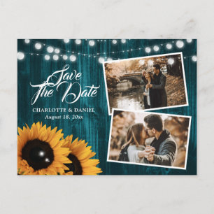 Teal Sunflower Wood Photo Wedding Save The Date Announcement Postcard