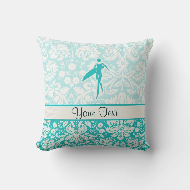 Teal Surfing Girl Throw Pillow (Front)