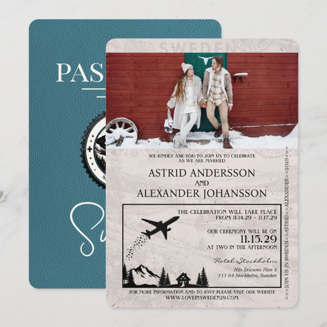 Teal Sweden Passport Wedding Invitation (Front/Back)