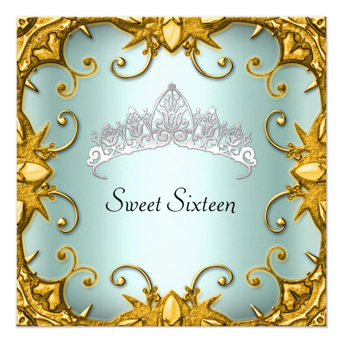 Teal Sweet 16 Birthday Party Gold White Tiara Custom Invites